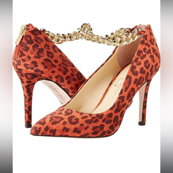 Jessica Simpson Shoes - 🐆 NWOT Jessica Simpson Abrellia Ankle Chain Pumps Size 8.5 Orange Cheetah 🐆